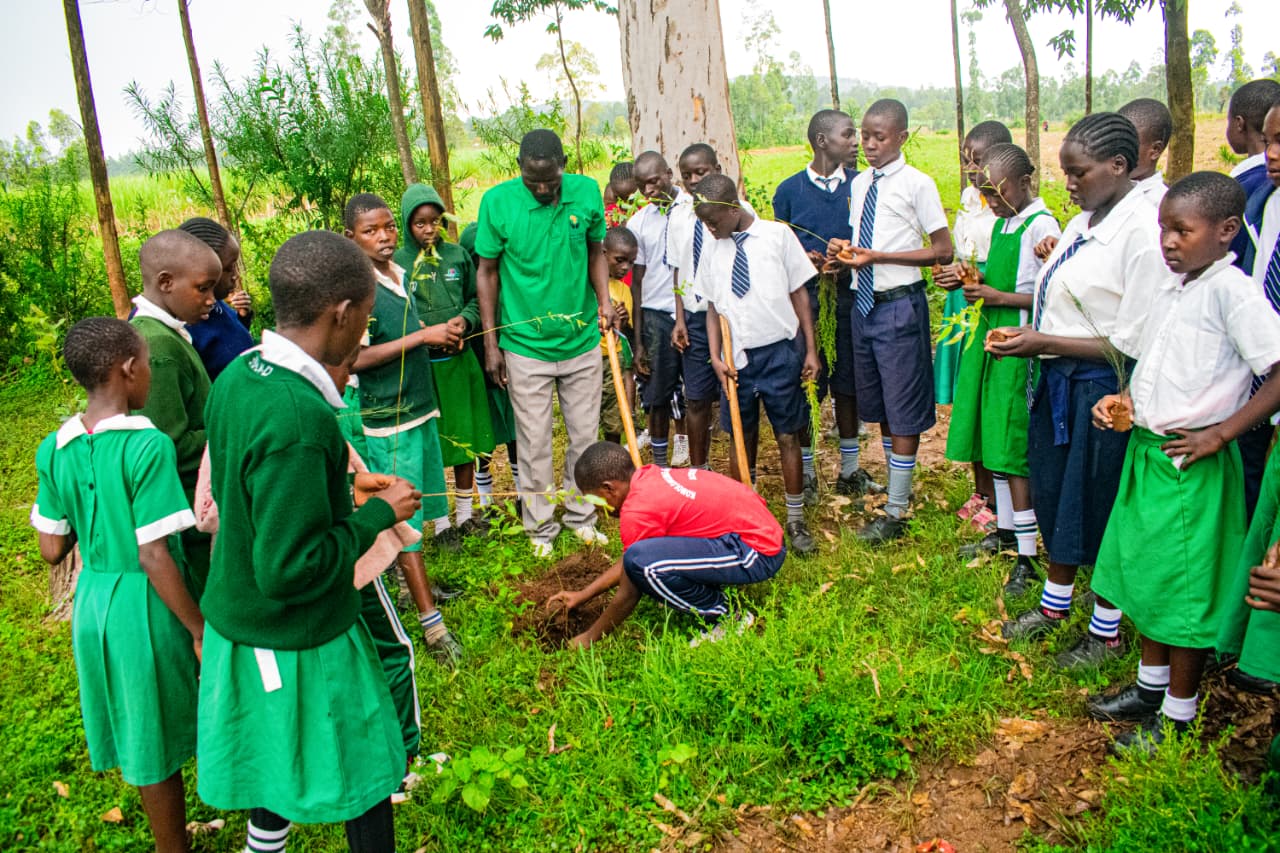 Large group of students gathered for tree planting in Migori County, Kenya